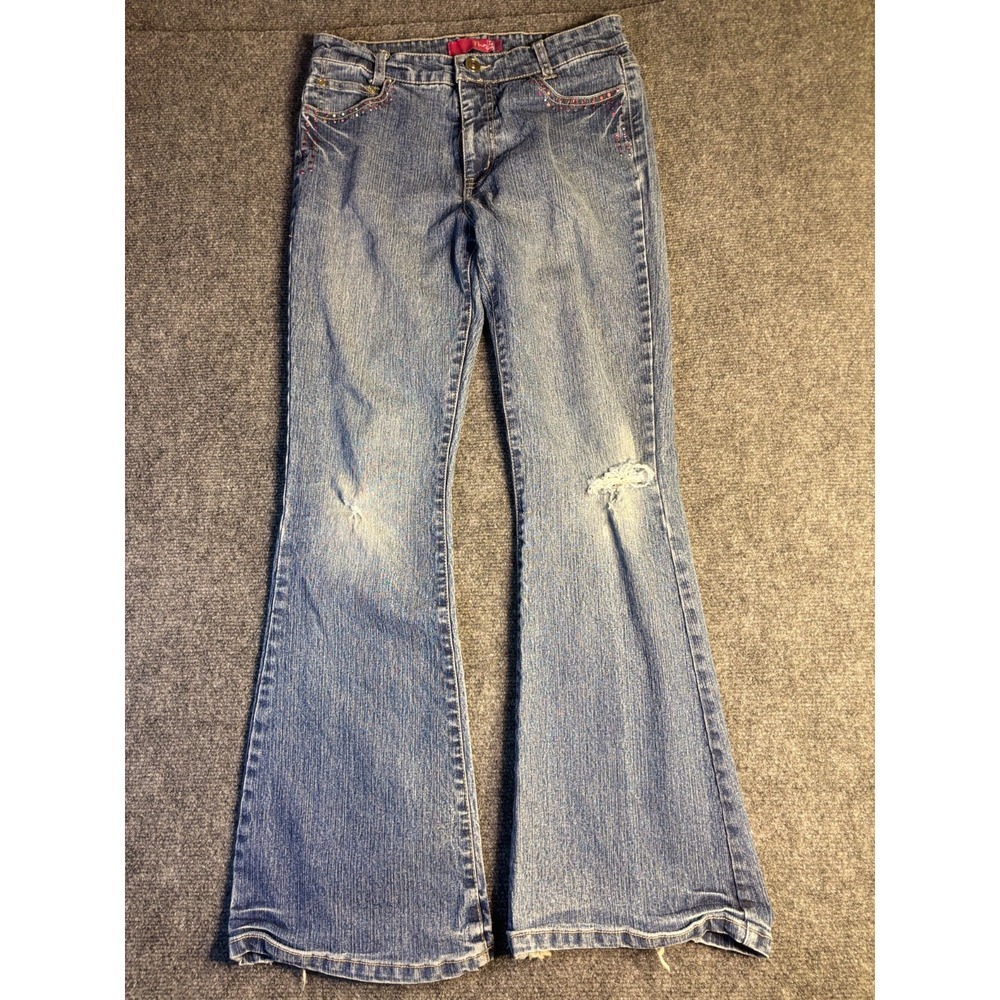 Thalia Sodi Flared Jeans Girls 16 Blue Denim‎ Beaded Distressed 5-Pocket Design